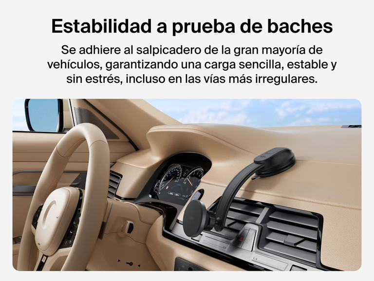 Belkin BoostCharge Magnetic Wireless Charging Car Vent and Dash Mount shown secured to a car dashboard with gel adhesive, highlighting compatibility with vegan leather, wood, plastic, and metal surfaces.