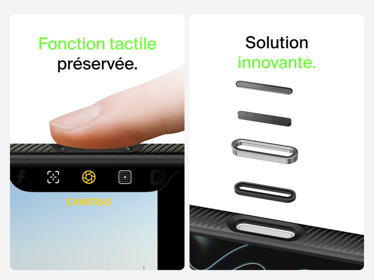 Belkin SheerForce Grip Series Case for iPhone 17 with MagSafe ring, raised edges, and floating tinted buttons for precision protection.