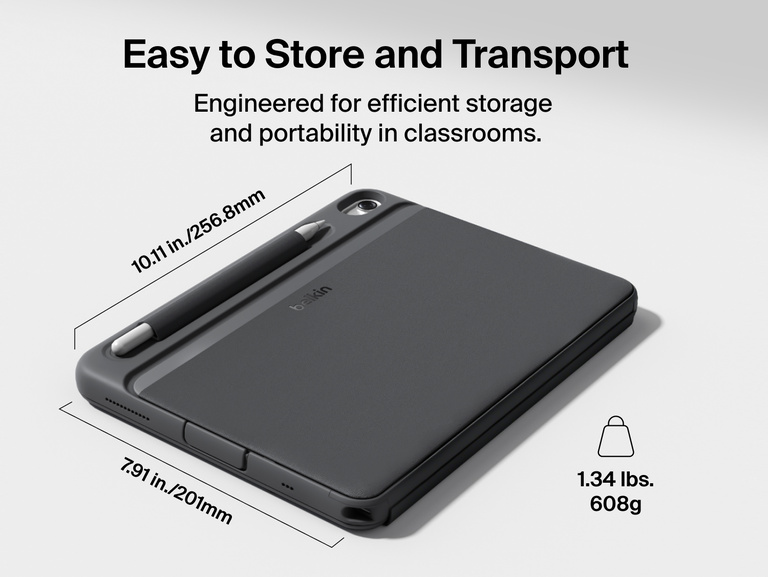 USB-C Keyboard Folio with Display Hub for iPad folded for storage with dimensions and weight displayed.