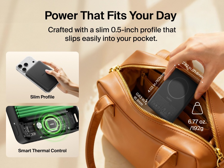 Belkin BoostCharge Slim Magnetic Power Bank 10K shown slipping easily into a bag with slim 0.5-inch profile, highlighting portable design and smart thermal control features