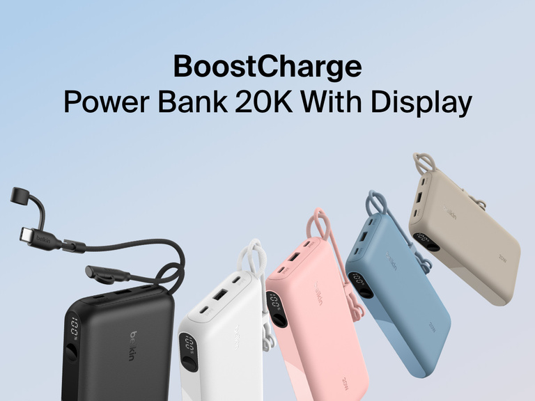 Belkin BoostCharge Power Bank 20K with Display shown in black, white, pink, blue, and sand colors, featuring dual ports, built-in USB-C cable, and an LED display for battery level monitoring.