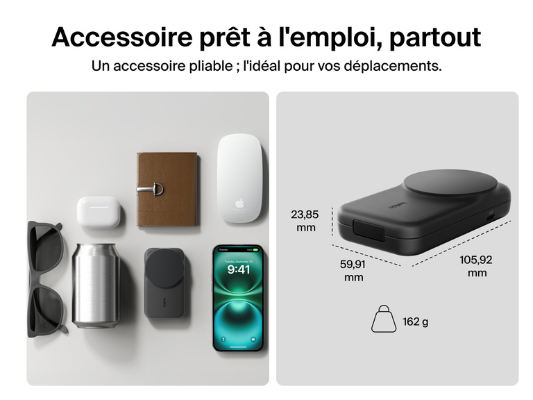 Socle de recharge 2-en-1 aimanté et pliable Belkin UltraCharge avec Qi2 25 W au design compact, idéal pour les déplacements, avec un poids de 162 g, parfait pour charger partout.