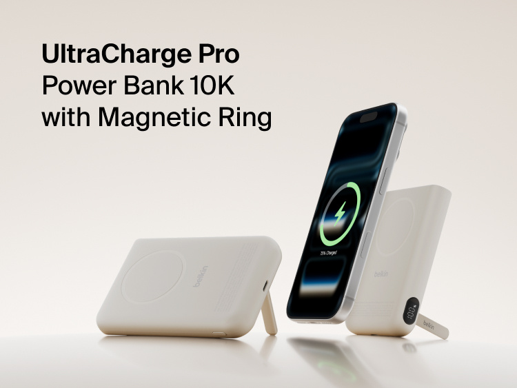 Belkin UltraCharge Pro Power Bank 10K with magnetic ring shown wirelessly charging a smartphone, featuring a slim portable battery design for on-the-go fast charging.