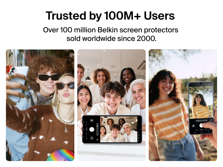 Belkin ScreenForce Titan SmartShield Anti-Reflective Screen Protector for Samsung Galaxy S26 highlighting brand trust with over 100 million screen protectors sold worldwide, shown in everyday photo and video use scenarios.