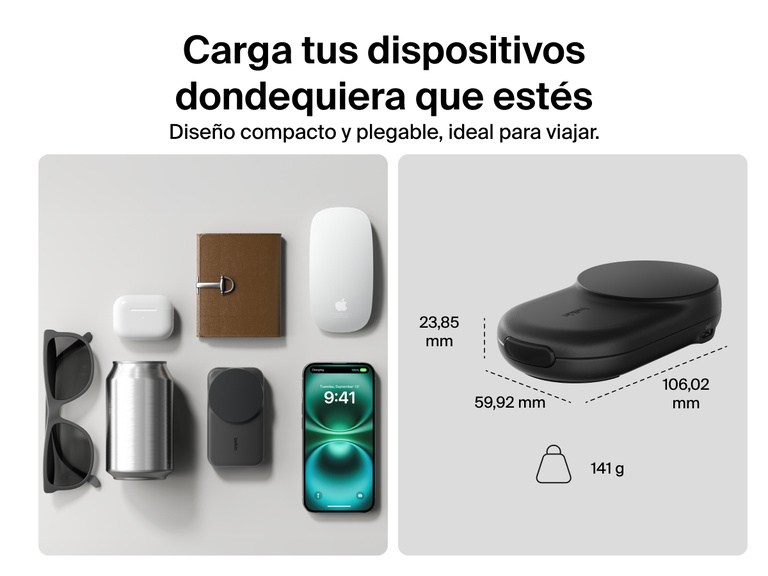 Se muestra el diseño compacto y portátil del cargador magnético plegable 2 en 1 con Qi2 25W Belkin UltraCharge. Pesa tan solo 162 gramos y sus dimensiones son ideales para cargar dispositivos sobre la marcha en cualquier parte.