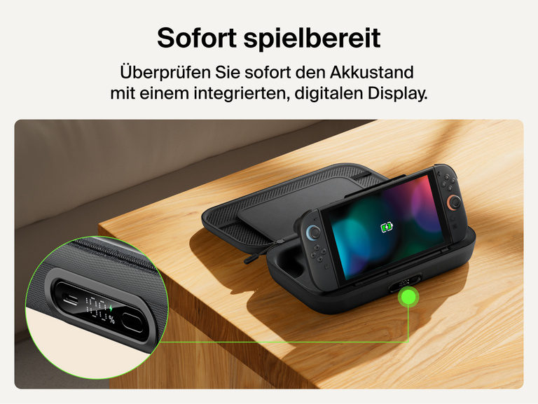 Belkin Gaming Charging Case Pro for Nintendo Switch 2 shown with built-in digital battery display and charging dock for quick power status at a glance.