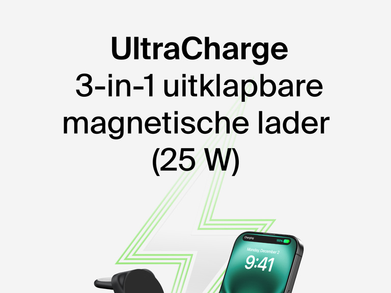 Afbeelding van de Belkin UltraCharge 3-in-1 uitklapbare magnetische lader met Qi2 25W die een iPhone oplaadt, met een groene bliksemschicht op de achtergrond.