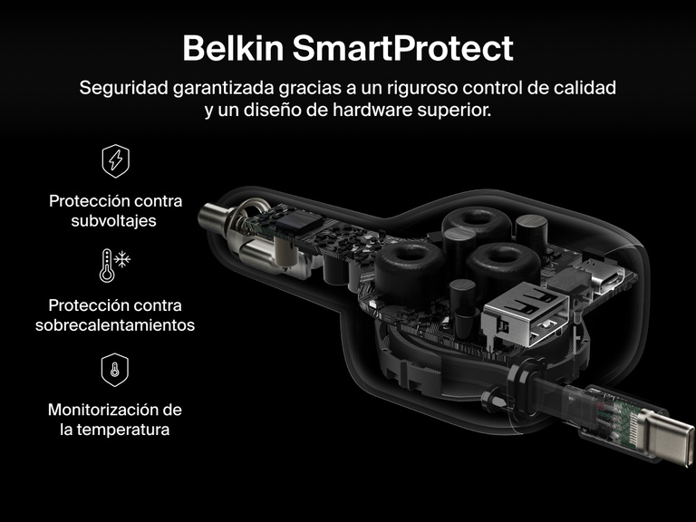 Imagen del cargador para coche con cable retráctil de 75 W Belkin BoostCharge con tecnología SmartProtect de Belkin. Esta incluye protección contra subtensiones y sobrecalentamientos además de monitorización de la temperatura para garantizar la seguridad de la carga.