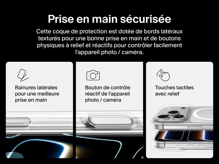 Belkin SheerForce Clear Series Case for iPhone 17 with grooved edges, tactile molded controls, and touch-sensitive camera button for secure grip and seamless control.