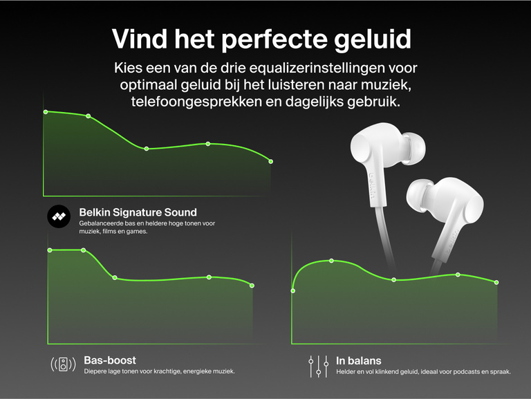 Belkin SoundForm ANC Wired Earbuds with USB-C® offer customizable EQ presets including Signature Sound, Balanced, and Bass Boost for a personalized listening experience.