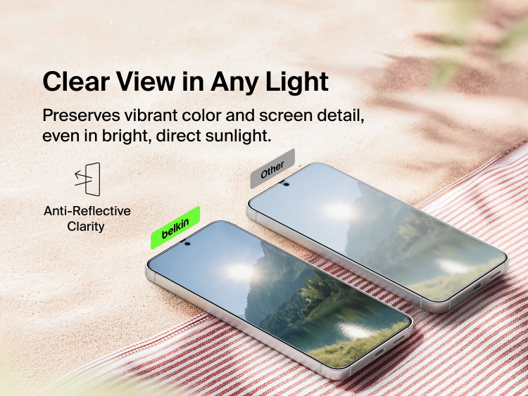 Belkin ScreenForce Titan SmartShield Anti-Reflective Screen Protector for Samsung Galaxy S26 demonstrating glare-reducing clarity that preserves screen detail and visibility in bright, direct sunlight compared to standard screen protectors.