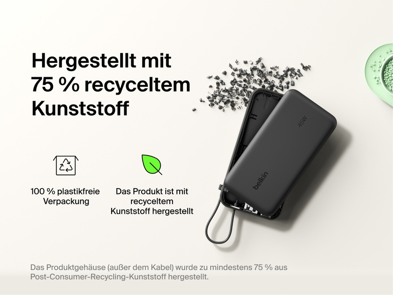 Belkin UltraCharge 10K power bank with integrated USB-C cable and digital display made with 75% recycled plastic and eco-friendly packaging