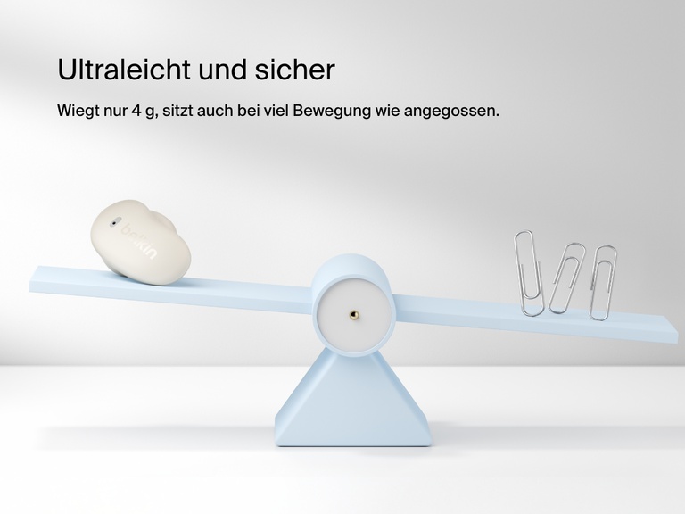 Belkin SoundForm Anywhere Wireless Earbuds shown on a balance scale highlighting ultra-light 4g weight and secure low-profile fit.