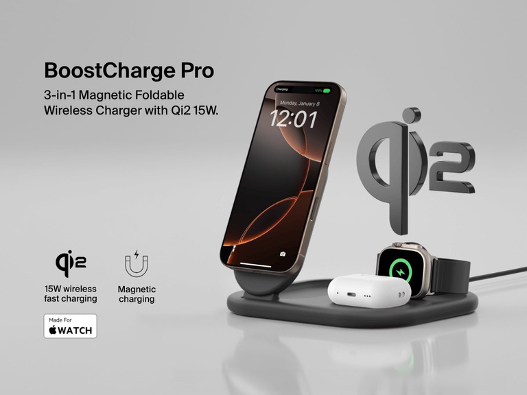 A black Belkin BoostCharge Pro 3-in-1 Magnetic Foldable Wireless Charger with Qi2 15W powers an iPhone, Apple Watch, and AirPods, shown with product features like 15W wireless fast charging and magnetic alignment.