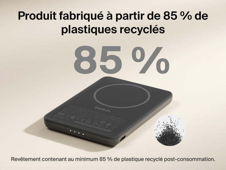 Belkin BoostCharge Slim Magnetic Power Bank 5K shown with text highlighting that its housing is made from 85% post-consumer recycled plastic for sustainable design.