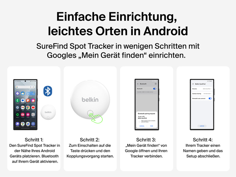 Anleitung in vier Schritten: zur Kopplung des Belkin SureFind Spots mit einem Android-Ger&auml;t und zum Hinzuf&uuml;gen des Trackers in &bdquo;Mein Ger&auml;t finden&ldquo; von Google.