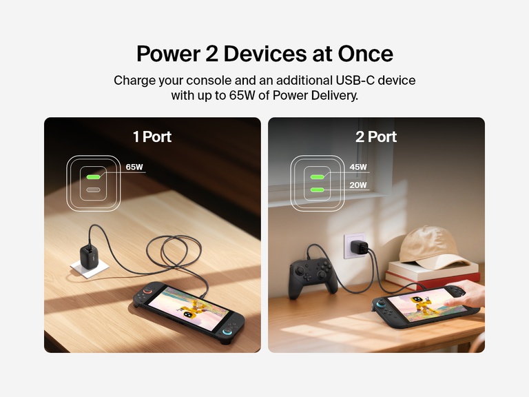 Belkin Gaming Dual USB-C Wall Charger 65W powers a Nintendo Switch 2 and an additional USB-C device simultaneously with 45W and 20W output when both ports are in use.