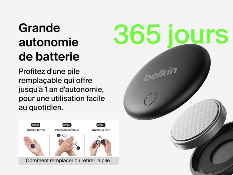 Image de la carte Belkin&nbsp;SureFind et de sa batterie facilement rempla&ccedil;able dont la dur&eacute;e de vie peut atteindre un&nbsp;an.