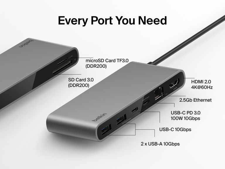 Belkin Connect 8-Port USB-C Hub with 2.5Gb Ethernet showcasing all available ports including HDMI 2.0 4K@60Hz, USB-C PD 3.0 100W 10Gbps, 2 USB-A 10Gbps, SD and microSD card slots, and Ethernet for comprehensive device connectivity.