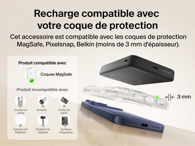 Slim Magnetic Power Bank 10K with Qi2 hovering above smartphone with case demonstrating compatibility and magnetic alignment