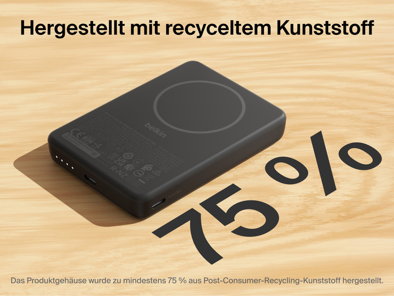 Slim Magnetic Power Bank 10K with Qi2 showing recycled plastic housing with 75% post-consumer materials and wireless charging surface on top