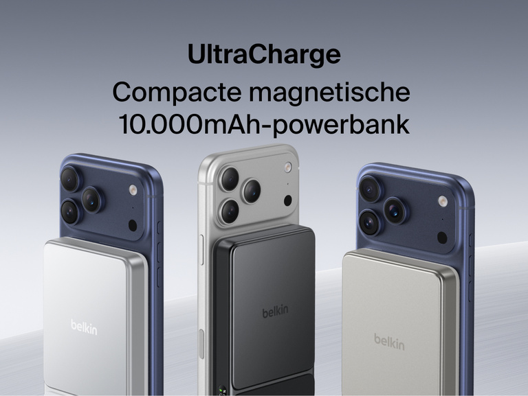 Belkin UltraCharge Slim Magnetic Power Bank 10K attached to smartphones showcasing compact magnetic wireless charging and portable battery design
