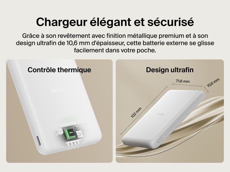 Belkin BoostCharge Slim Magnetic Power Bank 5K shown with smart thermal control and ultra-slim 0.5-inch profile designed for portable, pocket-friendly charging.