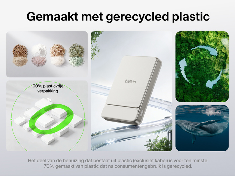 Belkin UltraCharge Slim Magnetic Power Bank 10K highlighting sustainable design made with recycled plastic and plastic-free packaging for eco-friendly portable charging