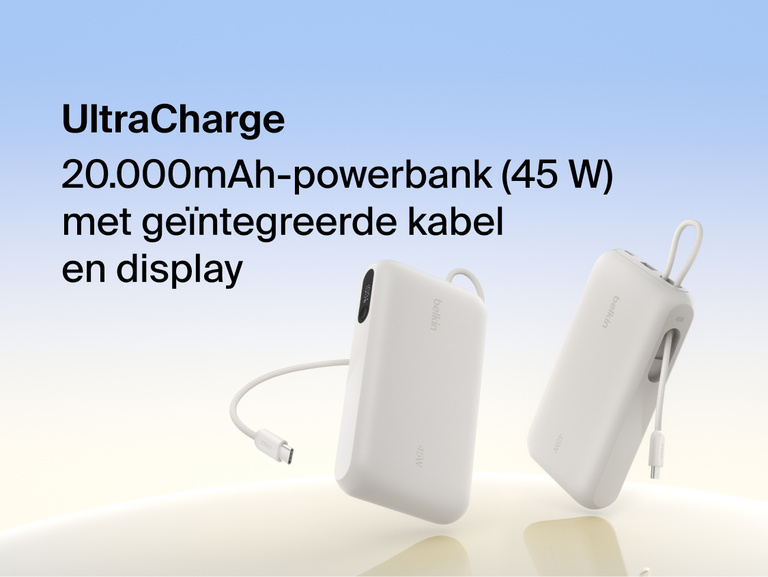 Belkin UltraCharge 20K 45W power bank with integrated USB-C cable and digital display showing portable high-capacity fast charging solution