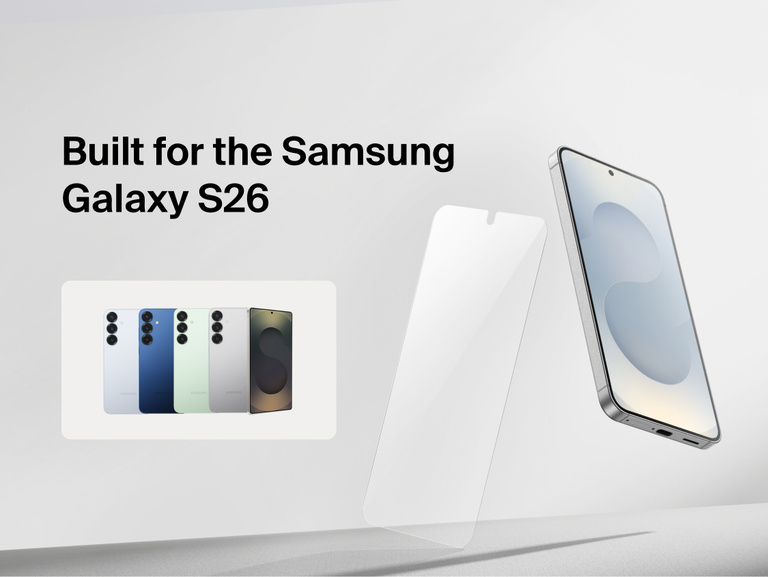 Belkin ScreenForce Titan SmartShield Anti-Reflective Screen Protector designed for Samsung Galaxy S26, shown with precise fit, edge-to-edge coverage, and glare-reducing screen protection.