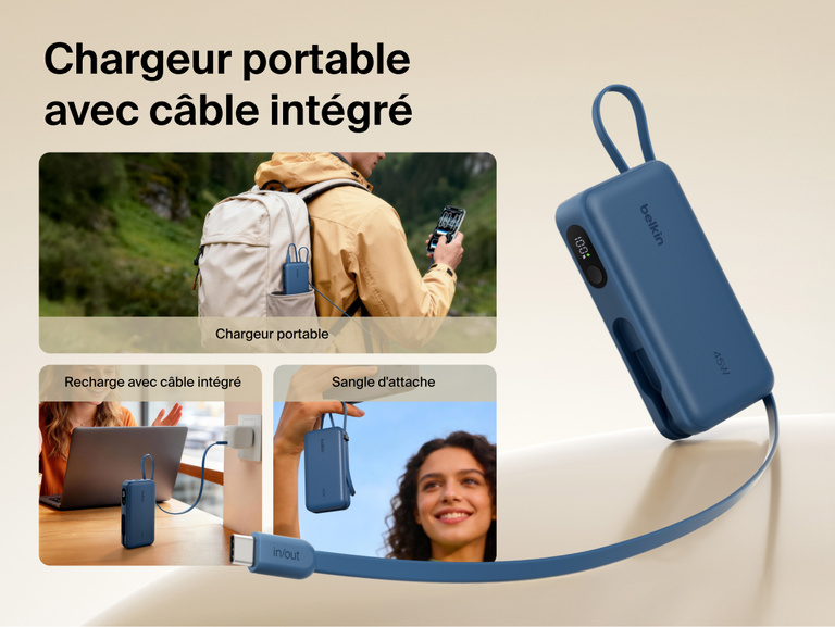 Belkin UltraCharge 10K power bank with integrated USB-C cable and digital display designed for portable charging, recharging, and convenient carry on the go