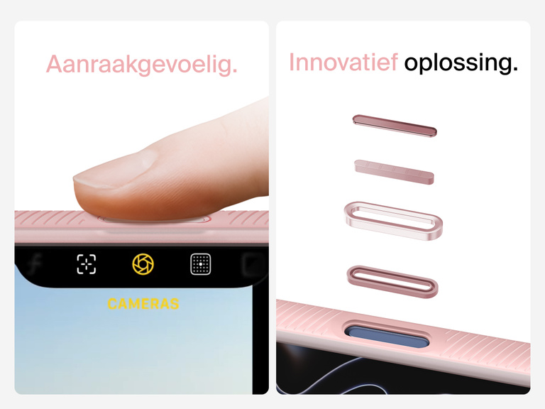 Belkin SheerForce Grip Series Case for iPhone 17 with MagSafe ring, raised edges, and floating tinted buttons for precision protection.