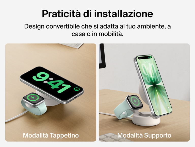 Il caricabatteria magnetico convertibile 2 in 1 con Qi2 25W Belkin UltraCharge Pro pu&ograve; essere utilizzato nelle modalit&agrave; Tappetino o Supporto per fornire una ricarica wireless rapida per uno smartphone e un Apple Watch, a casa o durante gli spostamenti.