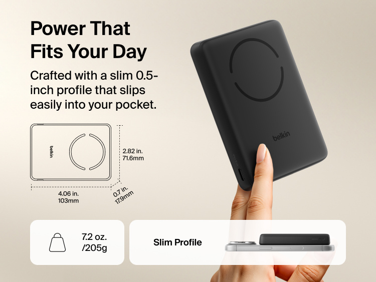 Slim Magnetic Power Bank 10K with Qi2 shown in hand and next to smartphone highlighting slim size and portability dimensions