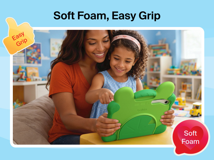 Parent and child enjoying the Belkin Disney Toy Story 5 Lilypad case for Samsung Galaxy Tab A11+ featuring a soft foam, easy-grip design for comfortable handling.
