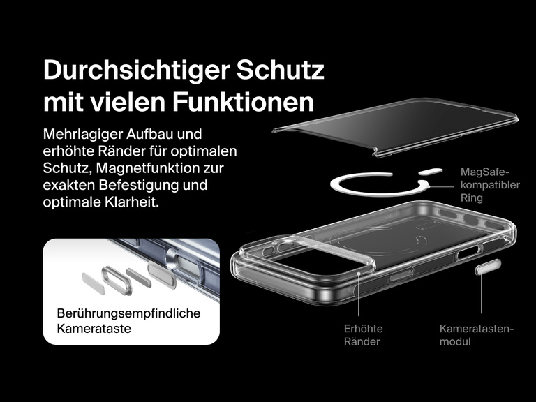 Belkin SheerForce Clear Series Case for iPhone 17 with raised edges, MagSafe-compatible ring, touch-sensitive camera button, and layered clear protection design.