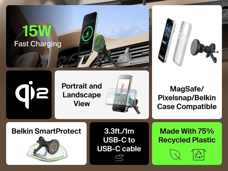Belkin BoostCharge Magnetic Wireless Charging Car Vent Mount shown delivering Qi2 15W fast charging with MagSafe/Pixelsnap compatibility, portrait or landscape viewing, SmartProtect safety, and 75% recycled plastic design.