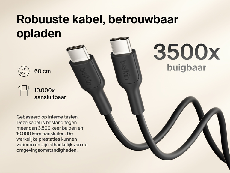 Belkin BoostCharge Slim Magnetic Power Bank 10K with included USB-C to USB-C cable highlighting durable design tested for 3,500 bends and 10,000 plug-ins