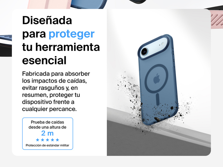 Belkin SheerForce Grip Series Case for iPhone 17 shown with textured grip and impact protection against drops.