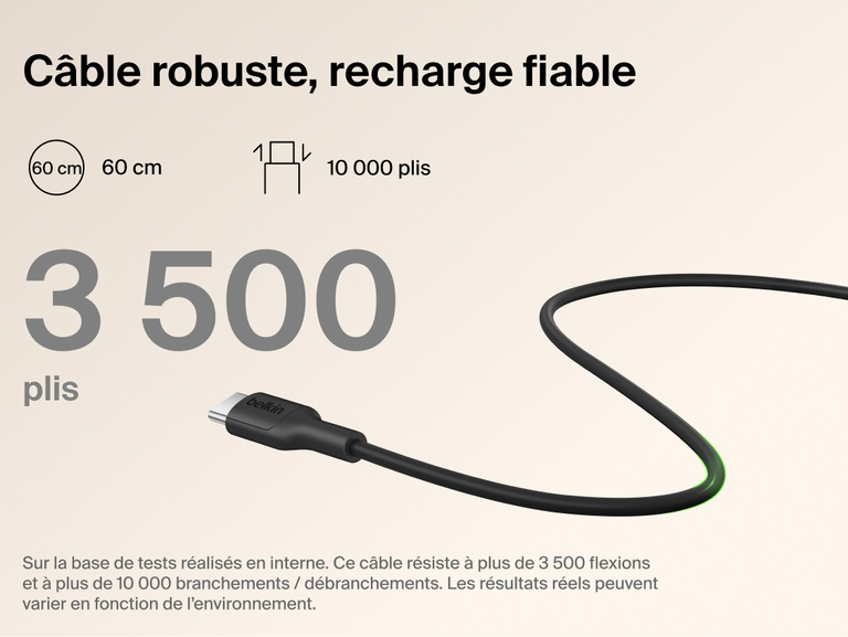 Belkin BoostCharge Slim Magnetic Power Bank 5K with Qi2 includes a durable USB-C to USB-C cable designed for long-lasting, reliable charging performance.