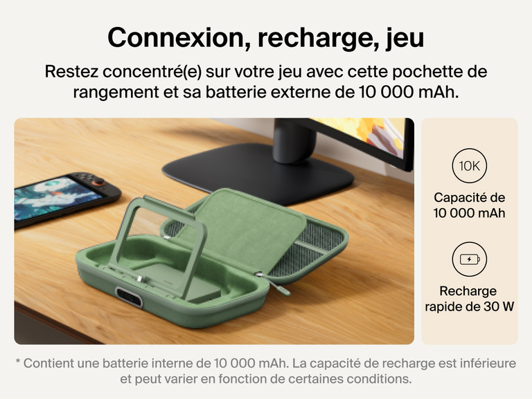 Belkin Gaming Charging Case Pro for Nintendo Switch 2 shown with detachable 10,000 mAh power bank, flip-up stand, and 30W fast charging for extended connected gameplay.