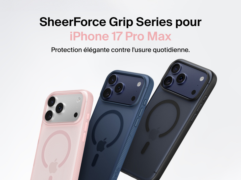 Belkin SheerForce Grip Series protective case for iPhone 17 shown in pink, clear, and black with slim design and MagSafe compatibility.