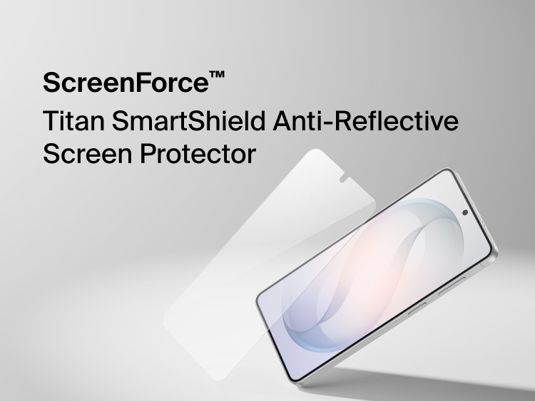 Belkin ScreenForce Titan SmartShield Anti-Reflective Screen Protector installed on Samsung Galaxy S26, shown with layered design highlighting edge-to-edge coverage and glare-reducing screen protection.