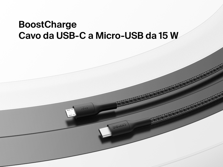 Flat lay of the black Belkin BoostCharge USB-C to Micro-USB Braided Cable 15W with textured finish, shown on a curved monochrome background with product name in bold text.