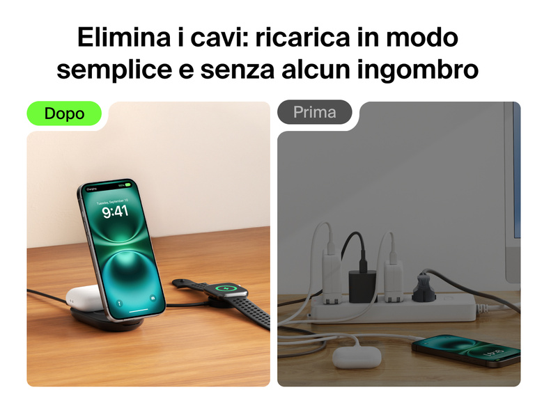 Il caricabatteria magnetico pieghevole 2 in 1 con Qi2 da 25 W Belkin UltraCharge offre un'alternativa ordinata rispetto ai caricabatterie con cavi (si attorcigliano facilmente), garantendo una ricarica wireless rapida per iPhone, AirPods ed Apple Watch in tutto stile ed eleganza.