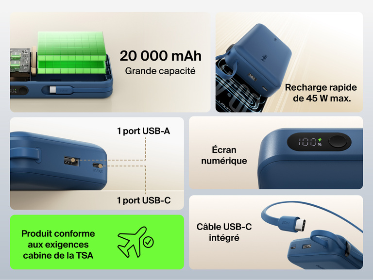 Belkin UltraCharge 20K 45W power bank with integrated USB-C cable, digital display, dual ports, and high-capacity battery for fast, travel-ready charging