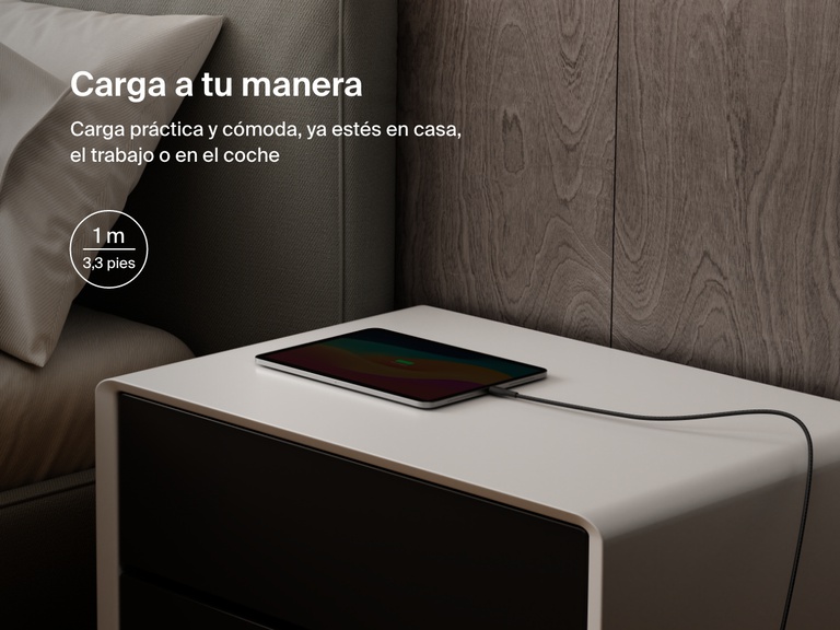 Belkin BoostCharge Pro USB-C to USB-C Braided Cable 240W shown charging a tablet on a nightstand, emphasizing its 1-meter (3.3 ft) length for convenient charging anywhere.