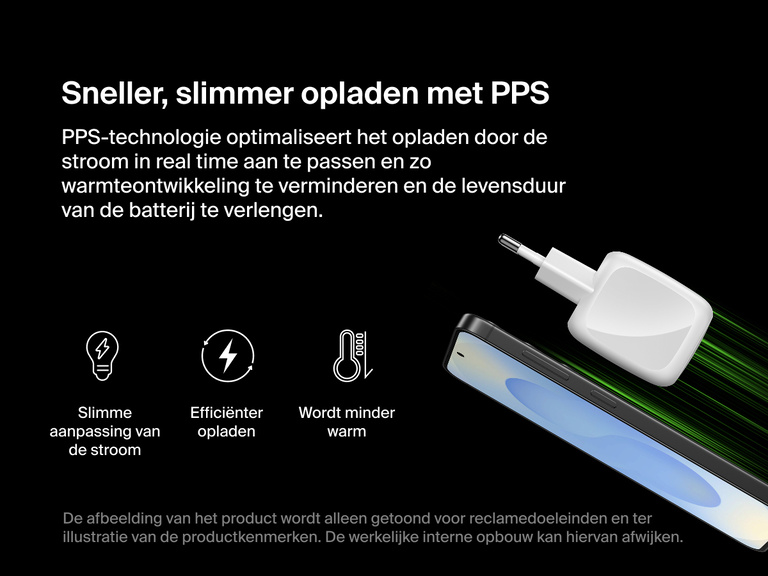 Belkin BoostCharge Pro 2-poorts wandlader van 50 W met PPS-technologie voor slimme aanpassing van de spanning en stroom, verbeterde oplaadefficiëntie, minder warmteontwikkeling en een langere batterijlevensduur.