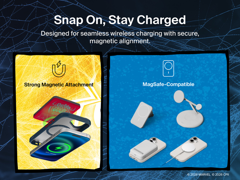 Belkin SheerForce Spider-Man Magnetic Protective Case with Kickstand for iPhone with MagSafe compatibility and strong magnetic alignment for wireless charging.