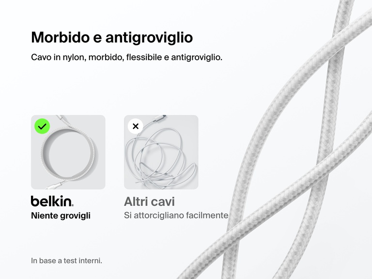 Belkin BoostCharge Pro USB-C to USB-C Braided Cable 240W shown with soft, flexible nylon design that resists tangling compared to standard cables.